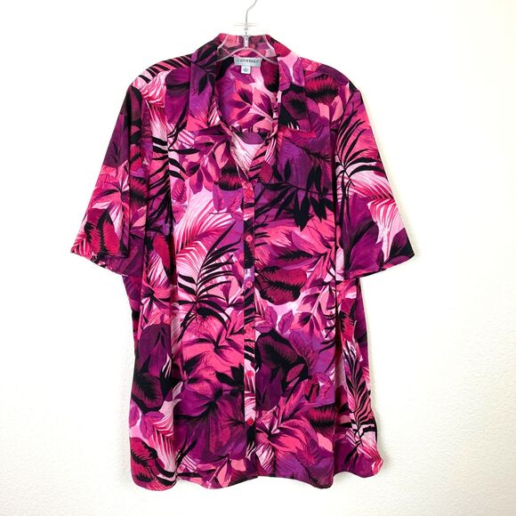 Catherines Women's Button Front Blouse Size 1X  18/20W Pink Purple Tropical - Picture 1 of 7